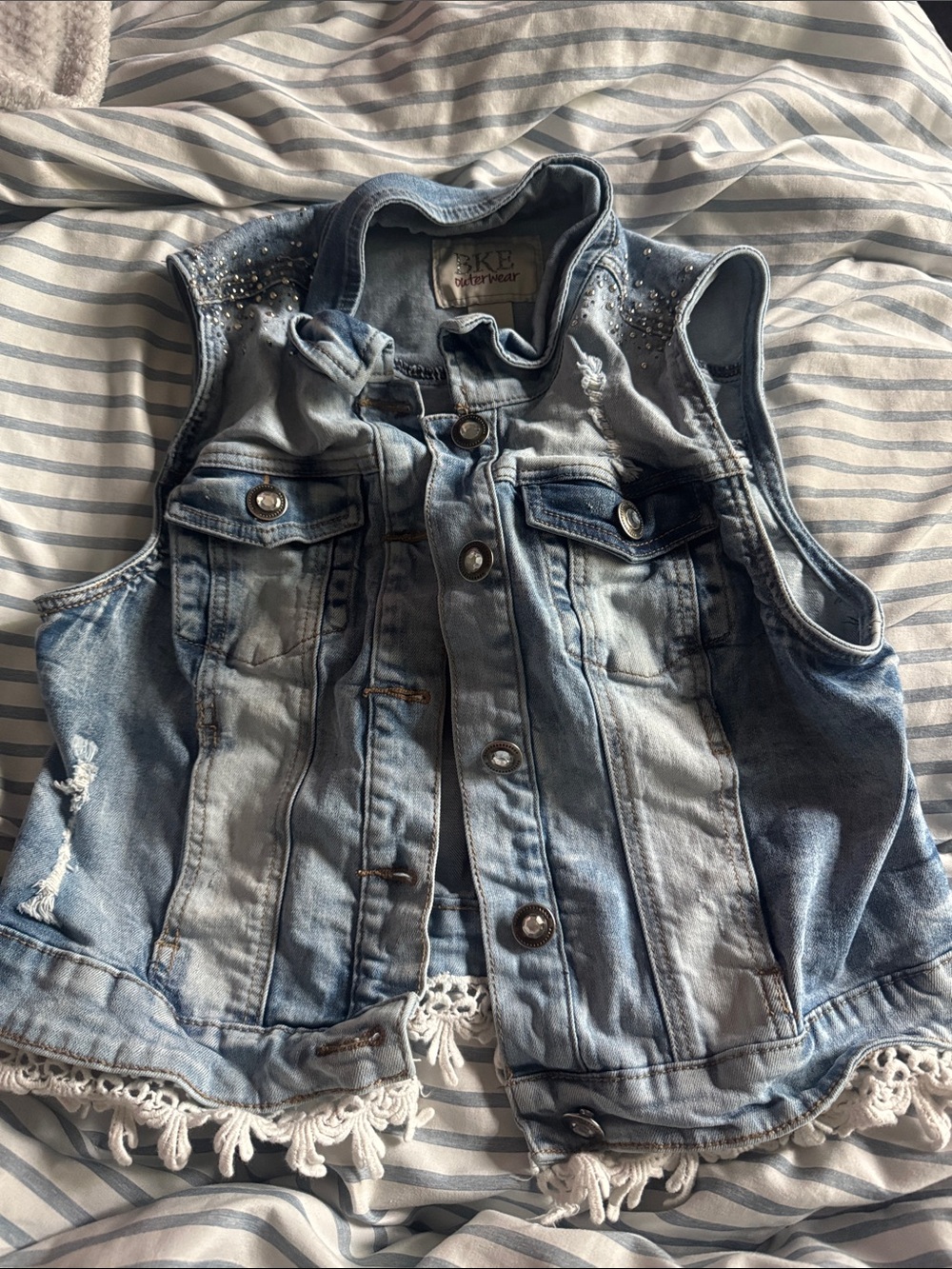 BKE Light Blue Denim Vest with Crochet Trim